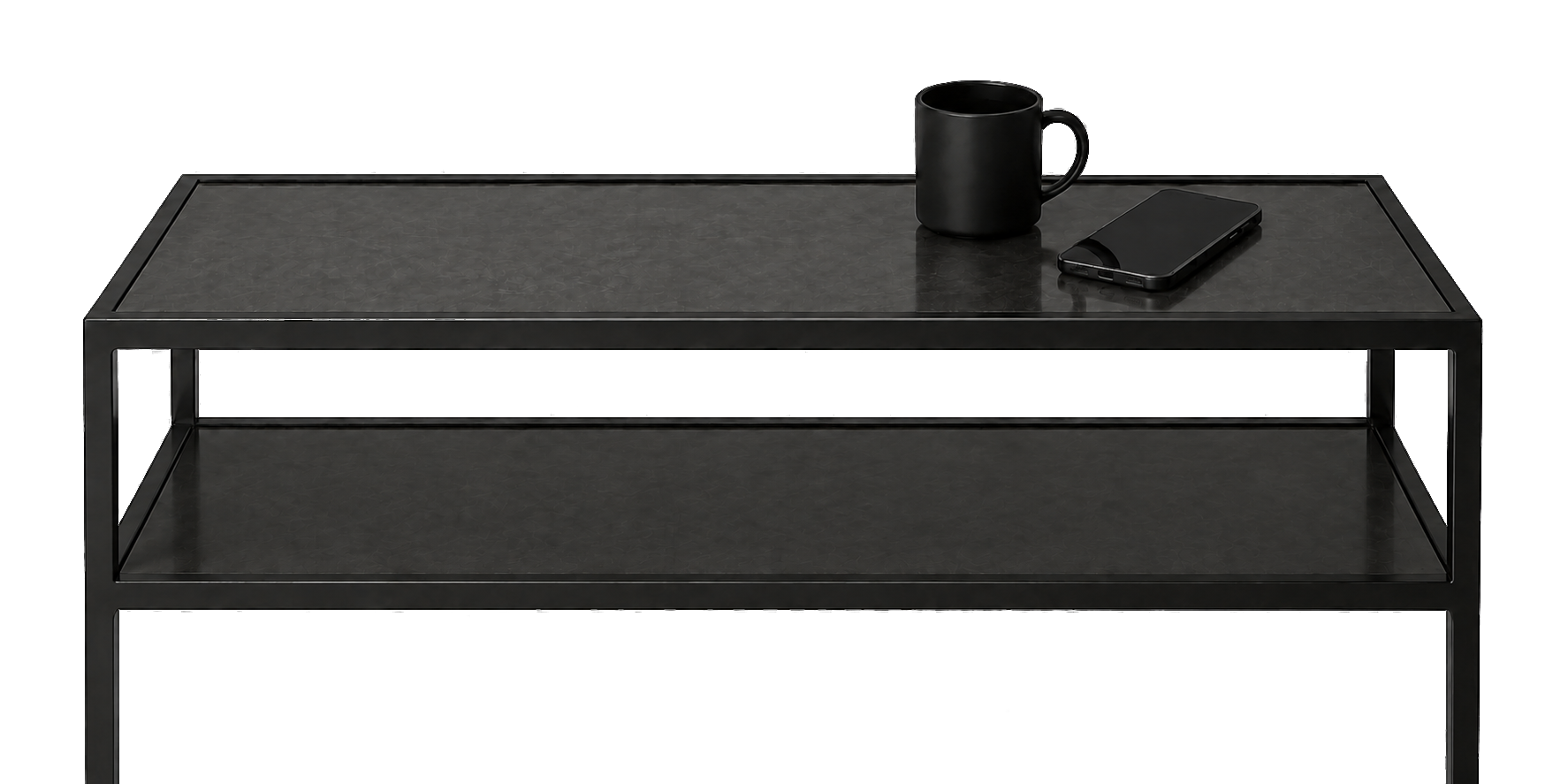 modern black console with coffee mug and phone