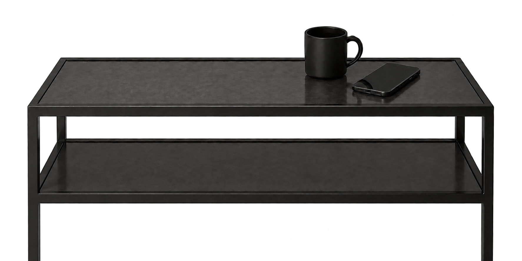 modern black console with coffee mug and phone